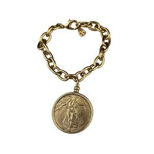 Yochi NY Gold Plated 8" Link Bracelet Large Coin Charm